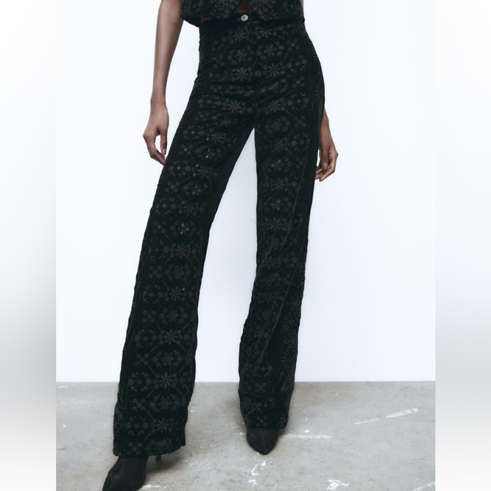 Zara Black Velvet Embroidered Eyelet Pants‎ XS
